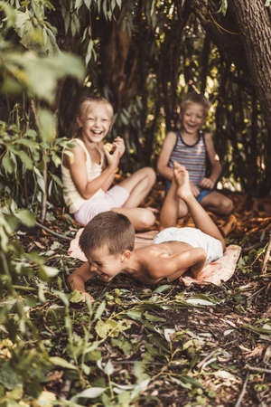 Three children play in a hut which they themselves have built from leaves and twigs.の写真素材