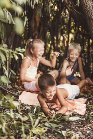Three children play in a hut which they themselves have built from leaves and twigs.の写真素材