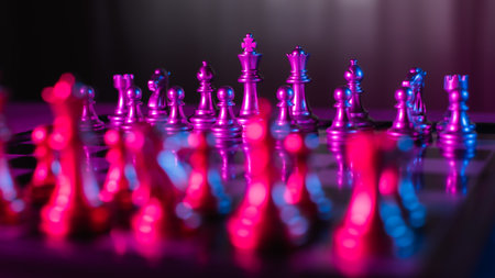 Pink chess pieces and pawns are on the board.の写真素材