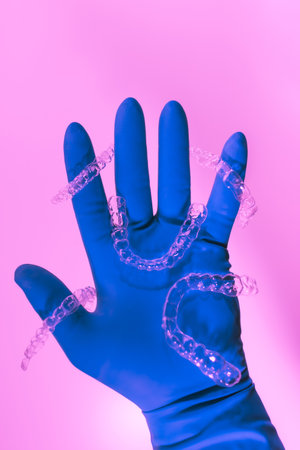 A hand in a blue glove holds aligners for aligning teeth on a pink background. Plastic braces dentistry retainers to straighten teeth.の写真素材