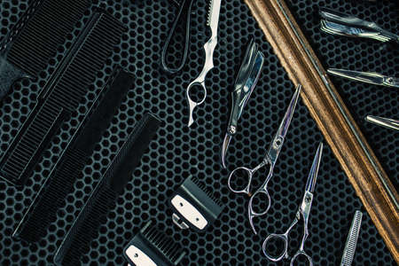 hairdresser accessories are on the shelf in the salon