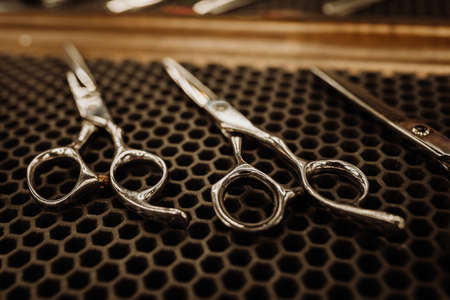 hairdresser accessories are on the shelf in the salonの写真素材