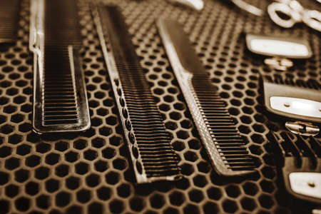 hairdresser accessories are on the shelf in the salonの写真素材