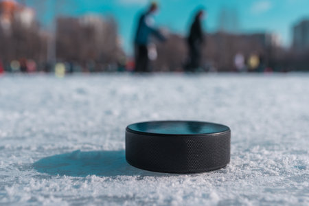 black hockey puck lies on ice at stadium