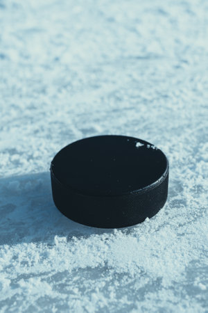 hockey puck lies on the snow macroの写真素材