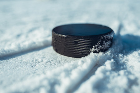 hockey puck lies on the snow macroの写真素材