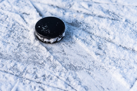 hockey puck lies on the snow macro