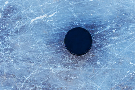 hockey puck lies on the snow macro