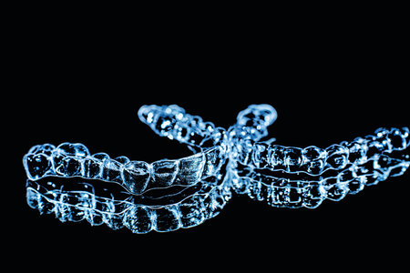 Invisible aligner teeth retainers on a black backgroundの写真素材