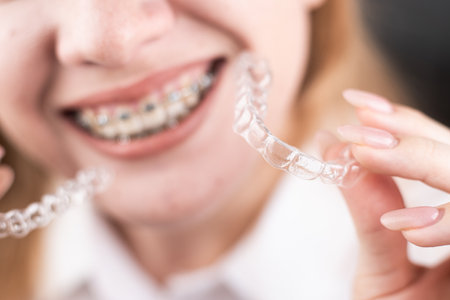 woman beautiful smile holding a transparent mouth guardの写真素材
