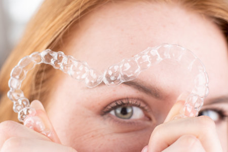Dental care.Smiling girl with red hair making heart shape from teeth aligners