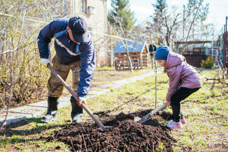 Happy father and daughter planting a new tree in the villageの写真素材