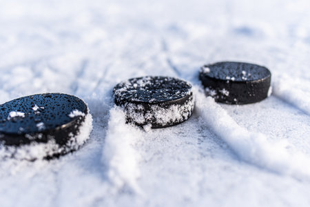 hockey pucks lies on the snow macro