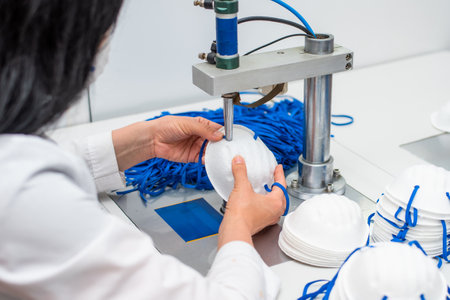 A woman works in a factory for the manufacture of medical masks with nanofibre and solder loops with ultrasound on a machine. Coronavirus and Covid-19 Protection. close-upの写真素材