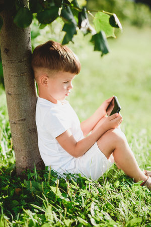 Cheerful boy sitting on the grass looks cartoons in the phone in the summer at sunset. cute baby having fun in natureの写真素材