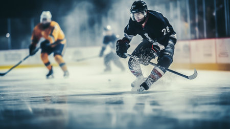 Hockey players play hockey at the stadiumの素材