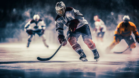 Hockey players play hockey at the stadiumの素材