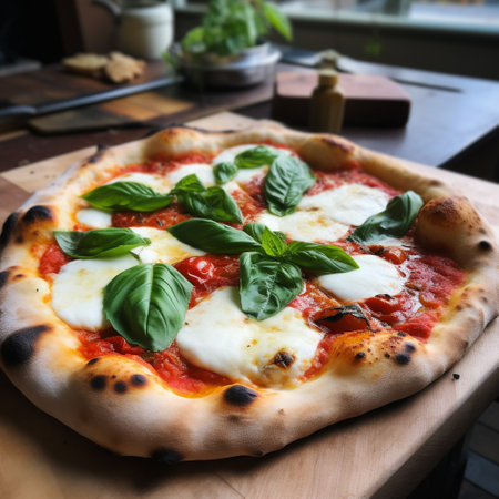 Appetizing pizza with mozzarella and tomatoes, and basil herbs on a black backgroundの素材