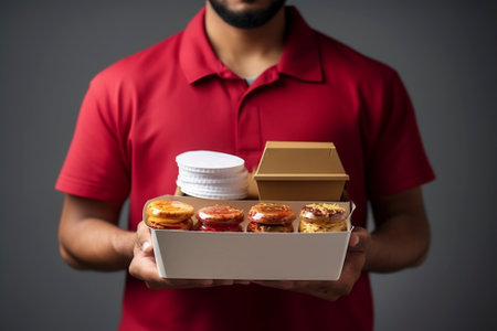 A male courier holds food in paper and plastic containers in his hands. The delivery guy carriesの素材