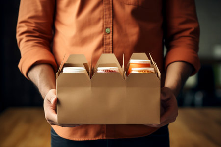 A male courier holds food in paper and plastic containers in his hands. The delivery guy carriesの素材