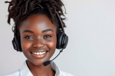 Smiling dark-skinned woman with headphones and microphone. An African American girl from customer service advises clients.の素材