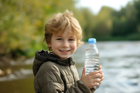 Beautiful child holding a bottle of water in his hand against the background of natureの素材