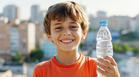 Beautiful child holding a bottle of water in his hand against the background of natureの素材
