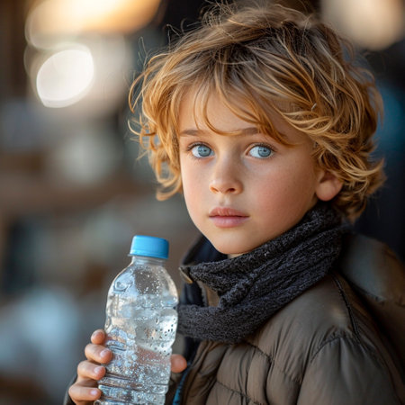 Beautiful child holding a bottle of water in his hand against the background of natureの素材