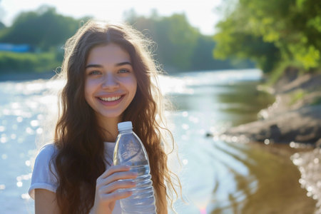 Laughing young woman holding a bottle of water in her hand against the background of a park and riverの素材