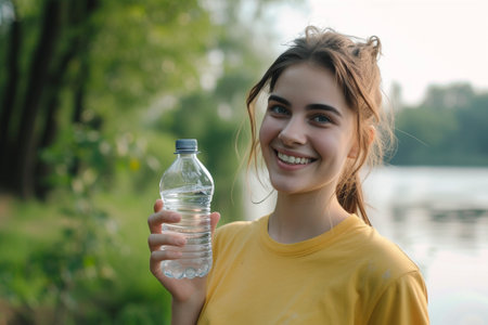 Laughing young woman holding a bottle of water in her hand against the background of a park and riverの素材