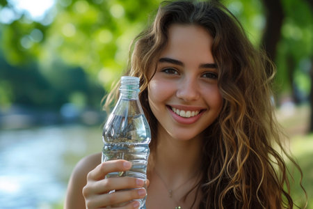 Laughing young woman drinks water from a bottle against the background of a river in natureの素材