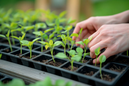 An elderly woman takes care of seedlings in potsの素材