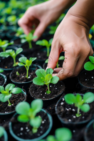 Close-up of hands tending young seedlings in potsの素材