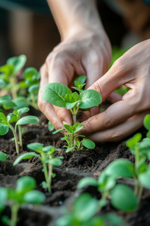 Close-up of hands tending young seedlings in potsの素材