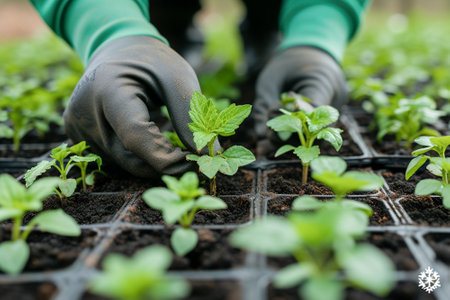 Close-up of hands tending young seedlings in potsの素材
