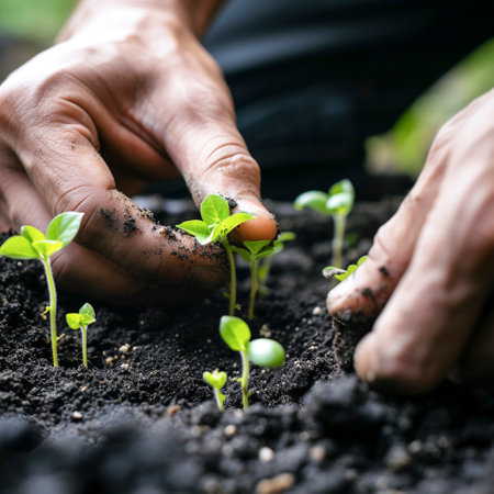 Close-up of hands tending young seedlings in potsの素材