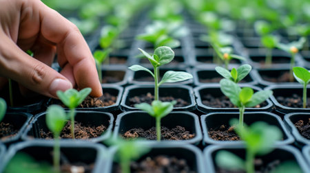 An elderly woman takes care of seedlings in potsの素材