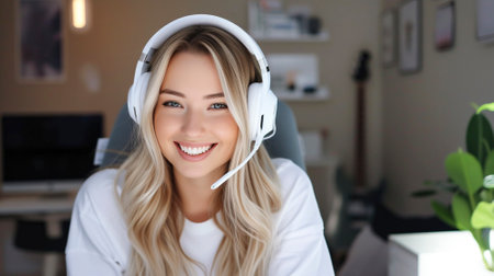 Smiling woman with headset working in a call center. A girl with a microphone and headphones consults clientsの素材