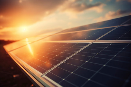 Solar panels installed on the ground to receive environmental energy from the sun at sunsetの素材