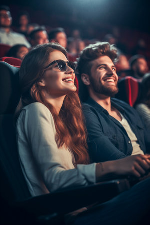 Laughing young people in a cinema watching a movie with 3D glassesの素材