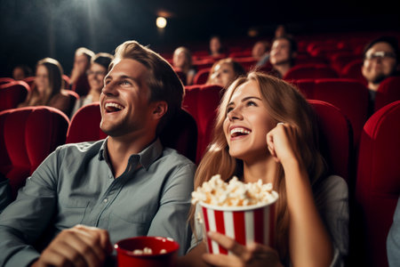 Laughing couple in cinema watching movie and eating popcornの素材