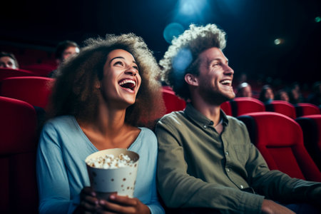 Laughing girl and guy in the cinema watching a comedy filmの素材