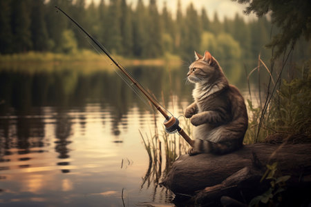Cute cat in fisherman's clothes catches fish with a fishing rod on the river at sunsetの素材