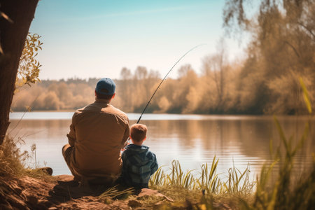 Father and son sit together by the river and catch fish with fishing rods, rear view at sunsetの素材
