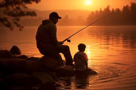 Father and son sit together by the river and catch fish with fishing rods, rear view at sunsetの素材