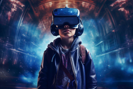 Cute boy in virtual reality glasses on a background of spaceの素材