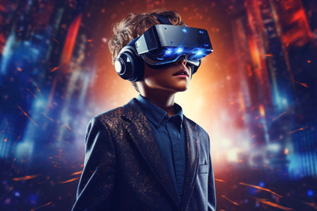Cute child in virtual reality glasses on a background of spaceの素材