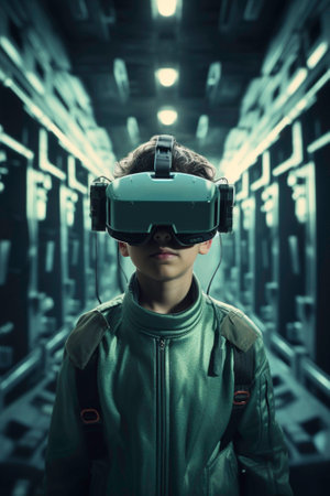 Handsome boy wearing virtual reality glasses on abstract backgroundの素材