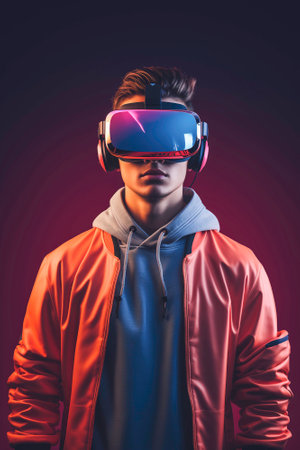 Handsome guy in virtual reality glasses on a black backgroundの素材