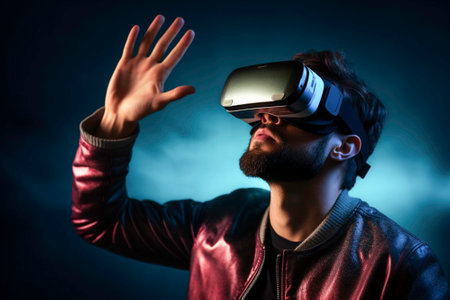 Man in virtual reality glasses on a bright backgroundの素材